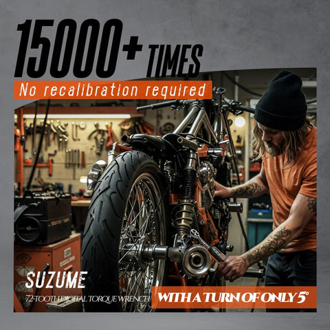 Mechanic using a 3/8-inch digital torque wrench with LED flash and buzzer alerts on a motorcycle.