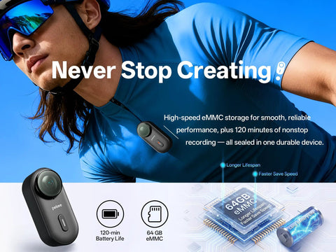 Clip1 Mini Action Camera With Hands Free POV Wearable Magnetic Mount 6 Axis Stabilization 30 Degree Horizon Lock Native Two Point Seven K Video IP68 Waterproof 120 Minute Battery Built In 64GB eMMC Storage displayed on cyclist's chest mount.