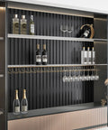 Hella Sleek Black Metallic Stripe Wall Panels With Self Adhesive Backing And Sound Absorbing Foam For Real Home Decor Instant Room Glow Up Adding Major Depth And Fresh Vibes Today on a stylish bar shelf.