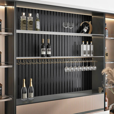 Hella Sleek Black Metallic Stripe Wall Panels With Self Adhesive Backing And Sound Absorbing Foam For Real Home Decor Instant Room Glow Up Adding Major Depth And Fresh Vibes Today on a stylish bar shelf.