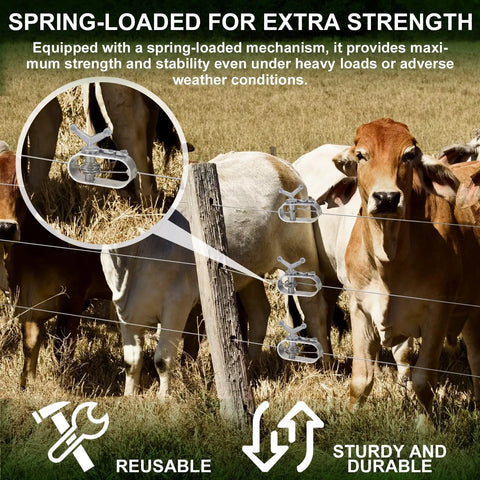 Close-up of aluminum electric fence wire strainers in use on farm fencing with cattle, showcasing tensioners' strength and durability.