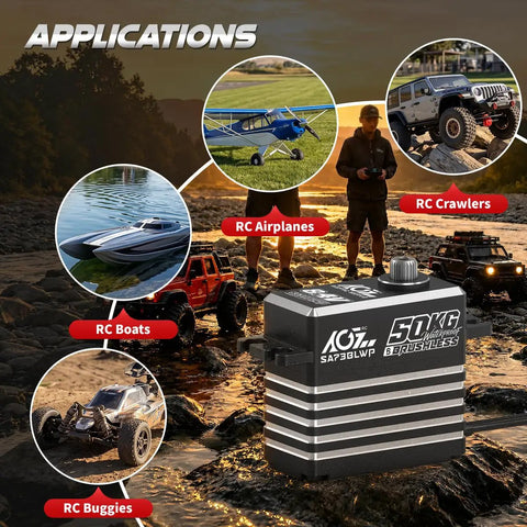 Rock Solid 50Kg Waterproof Brushless RC Servo Motor Featuring Plug And Play Winch Switch Mode Perfect For Badass Crawlers And Heavy Duty Tow Builds That Come Ready To Crush Any Terrain in outdoor setting with RC vehicles.
