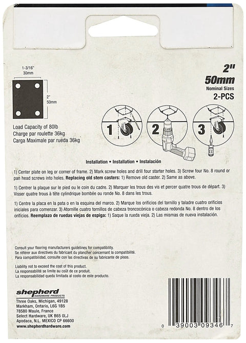 Back packaging of Two-Pack 2-Inch Medium-Duty Plate Casters With Swivel Soft Rubber Wheels showing installation instructions.