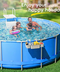 Family enjoying swimming in above ground pool with Poolside Storage Basket With Two Cup Holders And Stretchable Organizer attached.