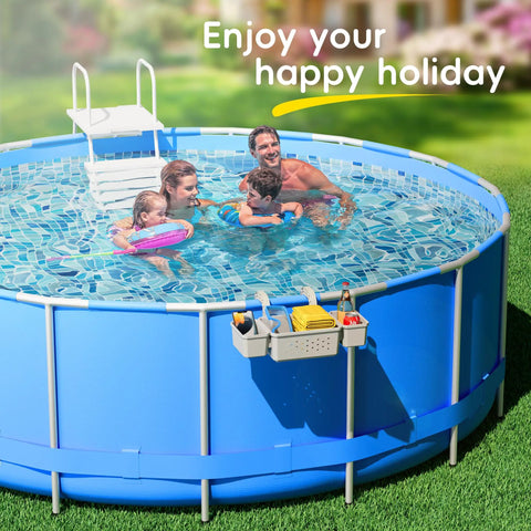 Family enjoying swimming in above ground pool with Poolside Storage Basket With Two Cup Holders And Stretchable Organizer attached.