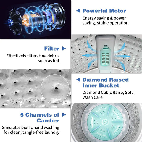 Slick 30 Lbs Fully Automatic Portable Washing Machine With Integrated Drain Pump features powerful motor and diamond raised inner bucket.