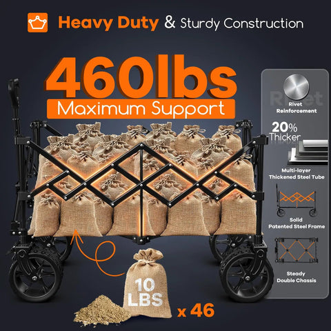 220L Collapsible Wagon Cart Heavy Duty Foldable With 460Lb Load Capacity holding 46 sacks, showcasing all-terrain wheels and sturdy frame.