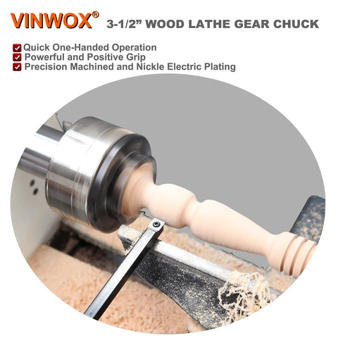 Three And A Half Inch Self Centering Wood Lathe Chuck Set With Round Jaw Mount turning wood on lathe, 3.5in size.