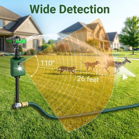 Solar Powered Motion Activated Sprinkler Deterrent for Yard and Garden, 110 Degree Detection, showing 26 Feet Range with animals