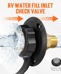 RV City Water Inlet With Check Valve Replacement Lead Free Brass Threads Three Quarter GHT Female And One Half NPT Male Pipe Fittings Water Hose Connector For Campers Trailers And Motorhomes, black flange