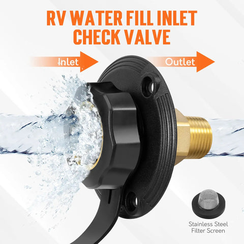 RV City Water Inlet With Check Valve Replacement Lead Free Brass Threads Three Quarter GHT Female And One Half NPT Male Pipe Fittings Water Hose Connector For Campers Trailers And Motorhomes, black flange
