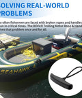 Inflatable boat with trolling motor and close-up of trolling motor handle for 2 Pack MKA 45 Trolling Motor Rope And Handle For Lift And Release