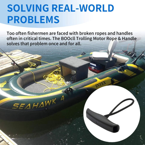 Inflatable boat with trolling motor and close-up of trolling motor handle for 2 Pack MKA 45 Trolling Motor Rope And Handle For Lift And Release