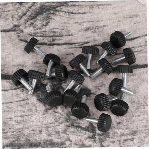 Twenty Adjustable Furniture Leveling Cups With Threaded Socket Design For Quick Install and Slick Glide Motion On Wood Tables Metal Chairs Desks And Bar Stools Zero Hassle Setup For Modern Office Or Laid Back Home Hangouts, black threaded glide cups on fabric surface.