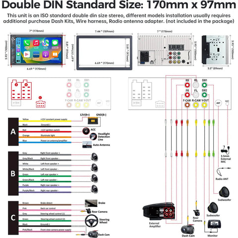 Dope Double Din Car Stereo With Dash Cam And Wireless Apple CarPlay Android Auto 7 Inch Touchscreen dimensions and wiring diagram