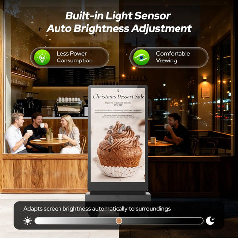Street Smart 43 Inch Outdoor Double Sided Digital Signage shows dessert sale in café with built-in light sensor for visibility.