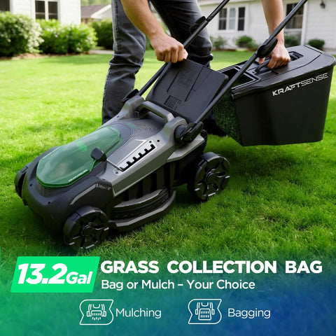 16 Inch Cordless Lawn Mower With Brushless 40V Power Dual 5Ah Batteries And Charger 2 In 1 Mulching And Bagging Easy 6 Position Height Adjustment Perfect For Small To Medium Yards Gas Like Power With No Fumes, with grass collection bag attached