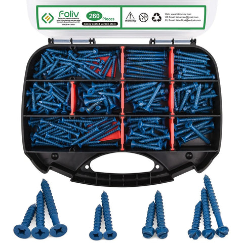 260Pcs Concrete Screws With Drill Bit DIY Friendly Assortment Kit For 1/4 And 3/16 Inch in plastic organizer