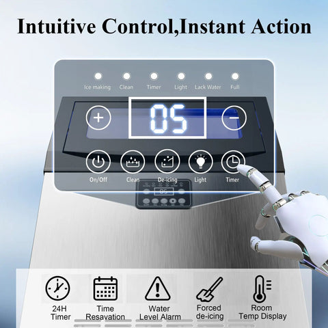 Intuitive control panel of Built Tough Stainless Steel Ice Maker Cranks 110 Pounds Daily And Slaps 36 Clear Cubes Every 14 Minutes.