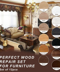 Your Solid Wood Furniture Repair Kit Packed With Twelve Rich Colors Of Tough Touch Up Filler To Easily Hide Scratches And Dings For Quick Laminate And Hardwood Fixes In Zero Time No Sweat, displayed with a living room setting.