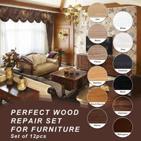 Your Solid Wood Furniture Repair Kit Packed With Twelve Rich Colors Of Tough Touch Up Filler To Easily Hide Scratches And Dings For Quick Laminate And Hardwood Fixes In Zero Time No Sweat, displayed with a living room setting.
