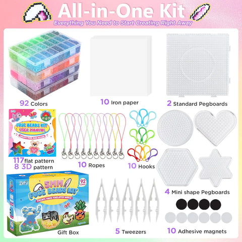 Epic Fuse Beads Kit With 19,200 Beads In 92 Colors, Six Pegboards, 124 Patterns, Ironing Paper, Tweezers And Hooks components
