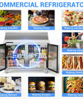 Heavy Duty Commercial Sandwich And Salad Prep Refrigerator With 48 Inch Double Doors Stainless Steel Worktop And 12 Pan Trays Built Different For Busy Kitchen Crews Seeking Zero Hassle Cold Storage, shown with various food items.