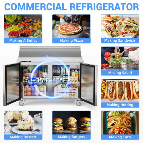 Heavy Duty Commercial Sandwich And Salad Prep Refrigerator With 48 Inch Double Doors Stainless Steel Worktop And 12 Pan Trays Built Different For Busy Kitchen Crews Seeking Zero Hassle Cold Storage, shown with various food items.