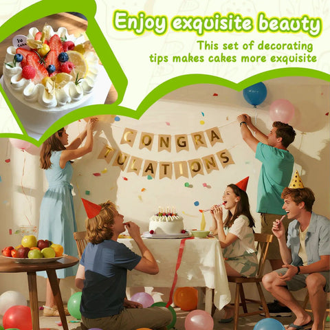 Party with cake decorated using Three Piece V Shaped Piping Tips Set Pro Grade Stainless Steel Cake Decorating Tips Frosting Icing Nozzles