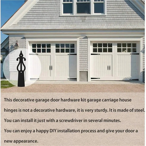 Garage doors featuring Vintage Door Handles And Hinge Set For Carriage House And Barn Doors, highlighting easy installation.