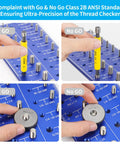 NAMOKA front-view wall-mounted thread checker board; blue base with bolts and a yellow gauge tool