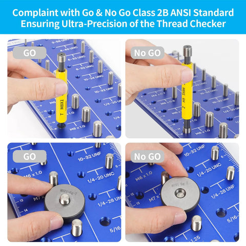 NAMOKA front-view wall-mounted thread checker board; blue base with bolts and a yellow gauge tool