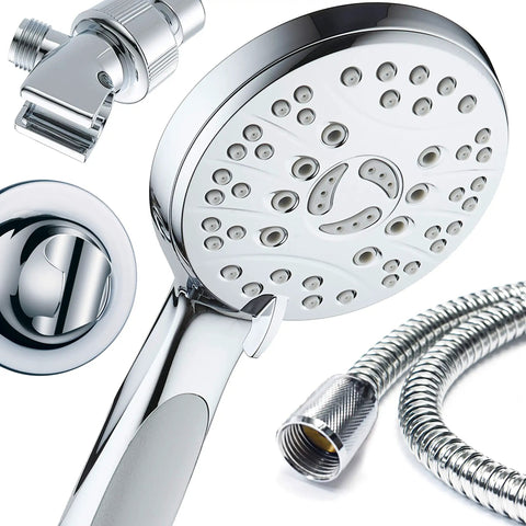 High Pressure 6 Setting Luxury Handheld Shower Head With Extra Long 6 Foot Stainless Steel Hose Anti Clog Jets Chrome Finish