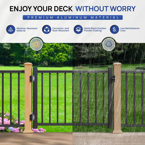 4 Ft Aluminum Deck Gate Kit For 36 Inch High Railings With Anti Sag Design Auto Closing Hinge Premium Latch AAMA2604 displayed in weather conditions