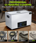 Mntnco 30L Ultrasonic Cleaner With Heating And Deep Clean Mode Touch Control for automotive parts with clean results displayed.