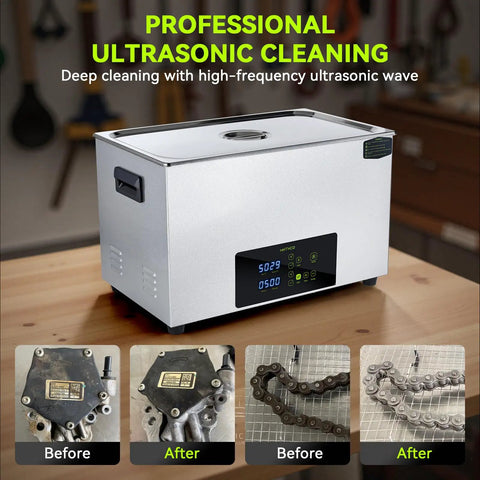Mntnco 30L Ultrasonic Cleaner With Heating And Deep Clean Mode Touch Control for automotive parts with clean results displayed.