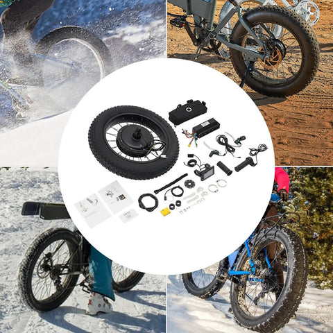 Beefed Up 1500W 48V Ebike Conversion Kit With 20 Inch Rear Hub Motor LCD Display And PAS Sensor shown with components and snowy trails