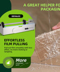 Heavy Duty Stainless Steel Tabletop Stretch Film Dispenser With Smooth Slide Cutter For 16 To 26 Inch Plastic Wrap Rolls, easy film dispensing in action.