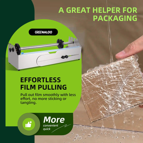 Heavy Duty Stainless Steel Tabletop Stretch Film Dispenser With Smooth Slide Cutter For 16 To 26 Inch Plastic Wrap Rolls, easy film dispensing in action.