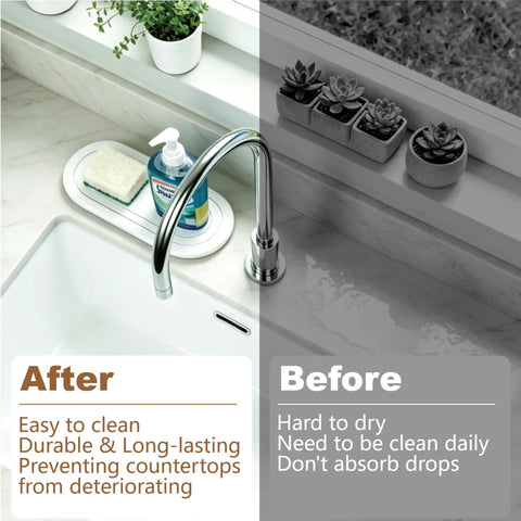 Natural Diatomite Water Absorbing Stone Tray Set Of Two Quick Drying Countertop Catcher For Kitchen Sink And Bathroom Vanity Total Drip Catcher Soap Holder Mat on a clean kitchen sink.