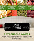 Compact 5 Tray Food Dehydrator With 48 Hour Timer And Adjustable Temp Control Legit 400W Electric Food Dryer showing timer and drying options for fruit, veggies, herbs, and meat.