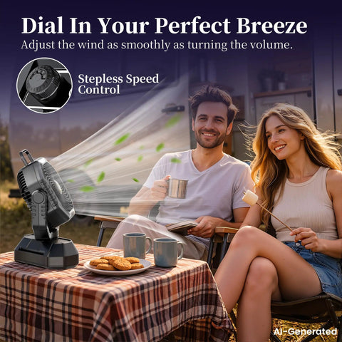 Couple enjoying outdoor camping with Portable Camping Fan With Light And Remote, Oscillating Battery Powered Tent Fan on a table.
