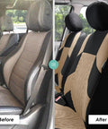 Before and after image of Universal Car Seat Covers Full Set Premium Cloth Beige For SUV And Sedan installed on front seats.