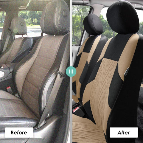Before and after image of Universal Car Seat Covers Full Set Premium Cloth Beige For SUV And Sedan installed on front seats.