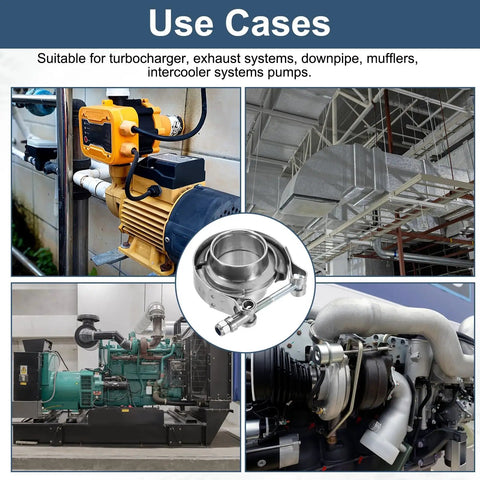 Built To Last V Band Clamp With Flange 1.5 Inch 304 Stainless Steel Exhaust Clamp Kit shown in various automotive uses with clamp close-up