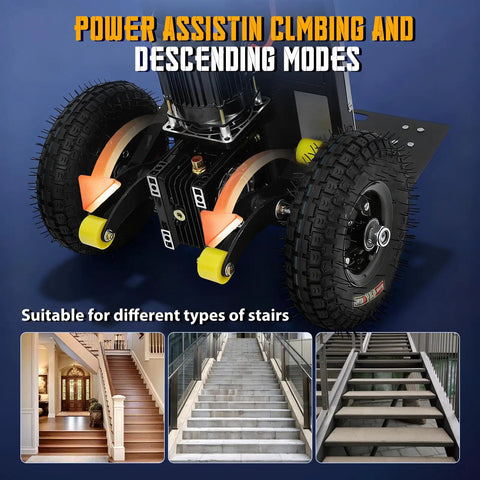 Heavy Duty Electric Stair Climber Hand Truck With 1200W Motor And 881 Lbs Capacity, showcasing climbing and descending modes with robust wheels.