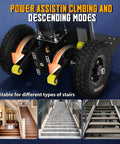Heavy Duty Electric Dolly For Stairs With 881 Lbs Capacity showing power assist features for climbing and descending stairs.