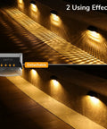 Eight Pack Solar Fence Lights With Warm White And RGB, 10 Lighting Modes, Larger Detachable Lampshade shown in two effects on step
