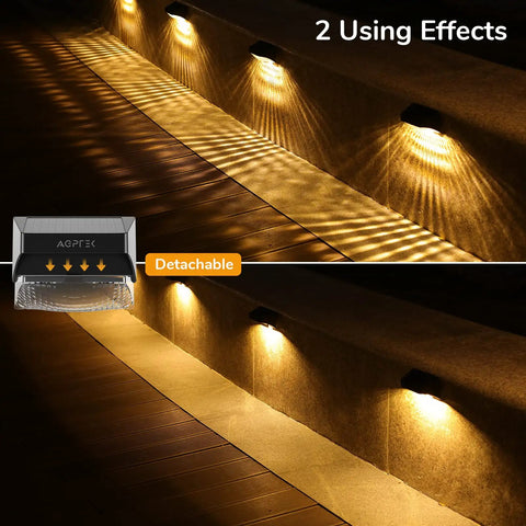 Eight Pack Solar Fence Lights With Warm White And RGB, 10 Lighting Modes, Larger Detachable Lampshade shown in two effects on step