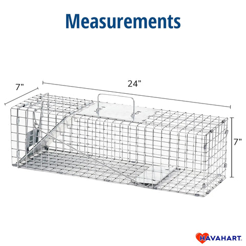 Medium One Door Live Catch Humane Trap with measurements for rabbits, skunks, minks, and squirrels, 24x7x7 inches.